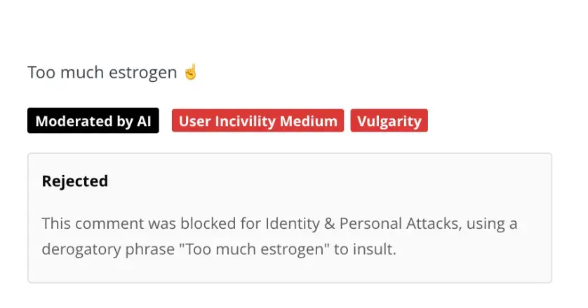 AI moderation rejecting a comment flagged for incivility and vulgarity